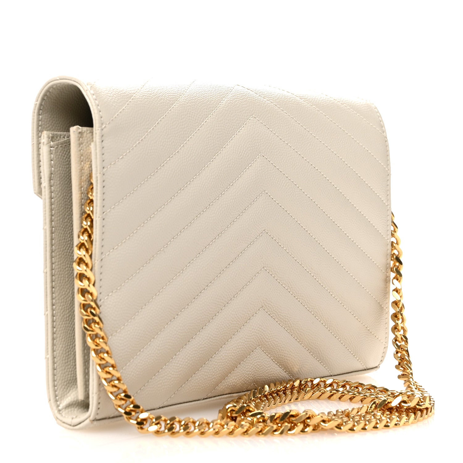 Saint Laurent Grain De Poudre Matelasse Chevron Monogram Chain Wallet Crema Soft 3 of 12