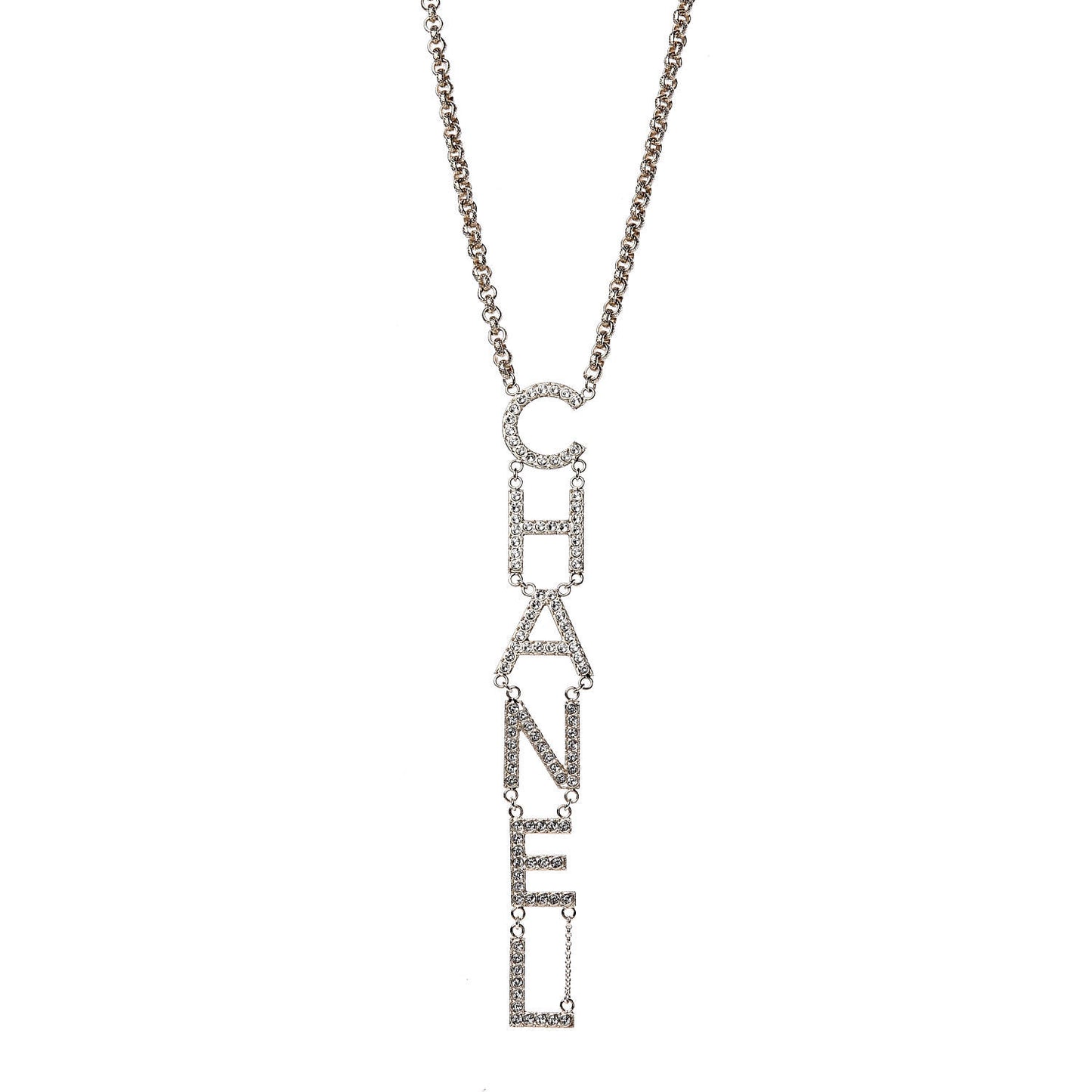 Metal Crystal Cha-Nel Logo Necklace Gold
