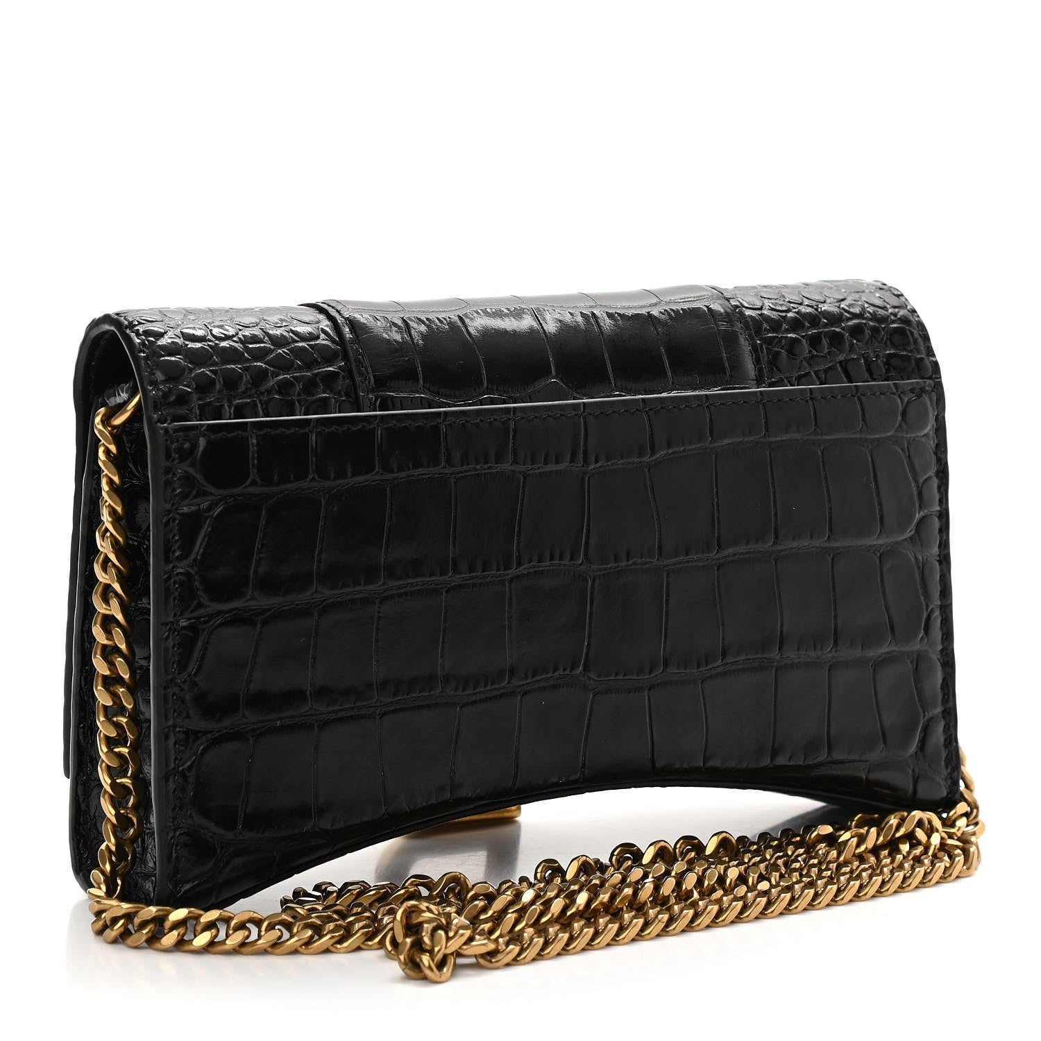 Balenciaga Shiny Calfskin Crocodile Embossed Hourglass Chain Bag Black 2 of 10