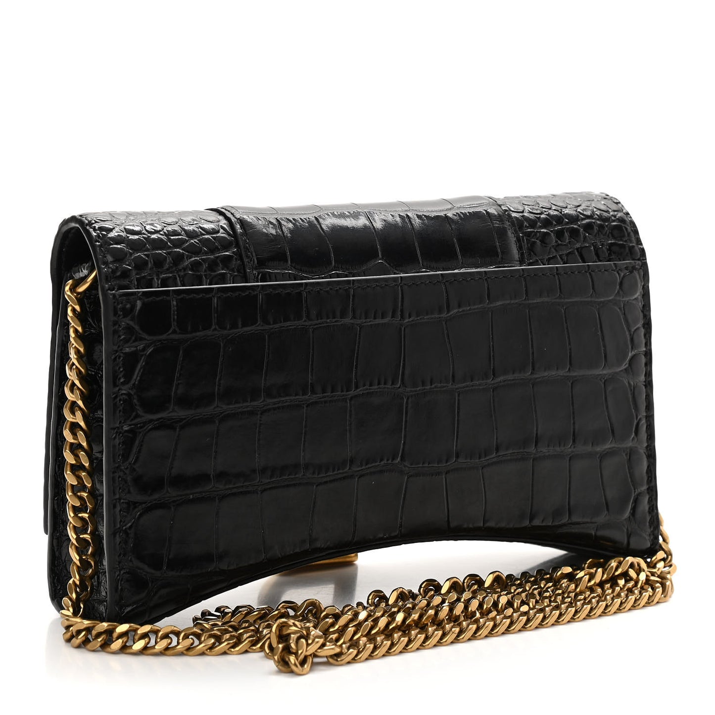 Shiny Calfskin Crocodile Embossed Hourglass Chain Bag Black
