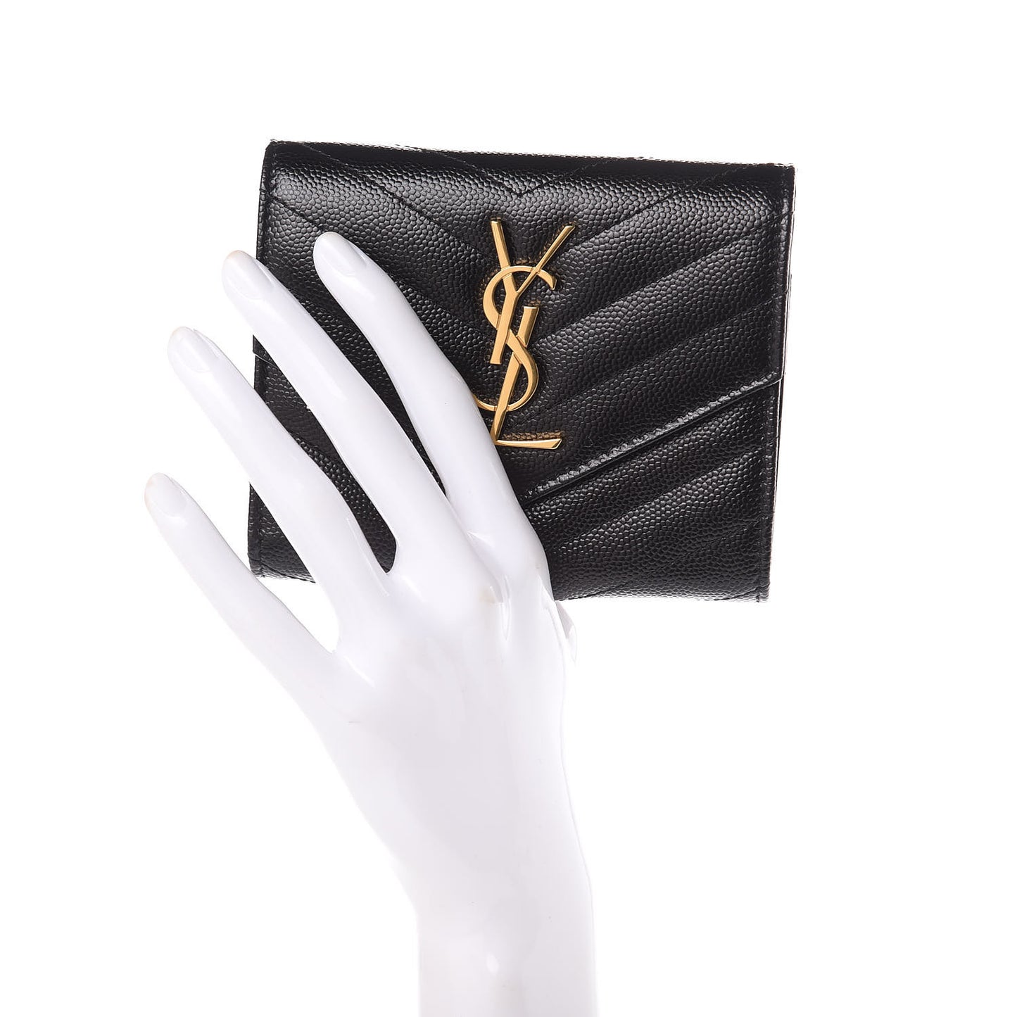 Grain De Poudre Matelasse Chevron Monogram Compact Tri Fold Wallet Black