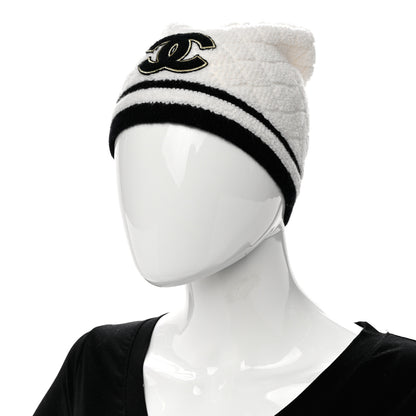 Chanel Cashmere Quilted CC Beanie Hat White Black 2 of 6