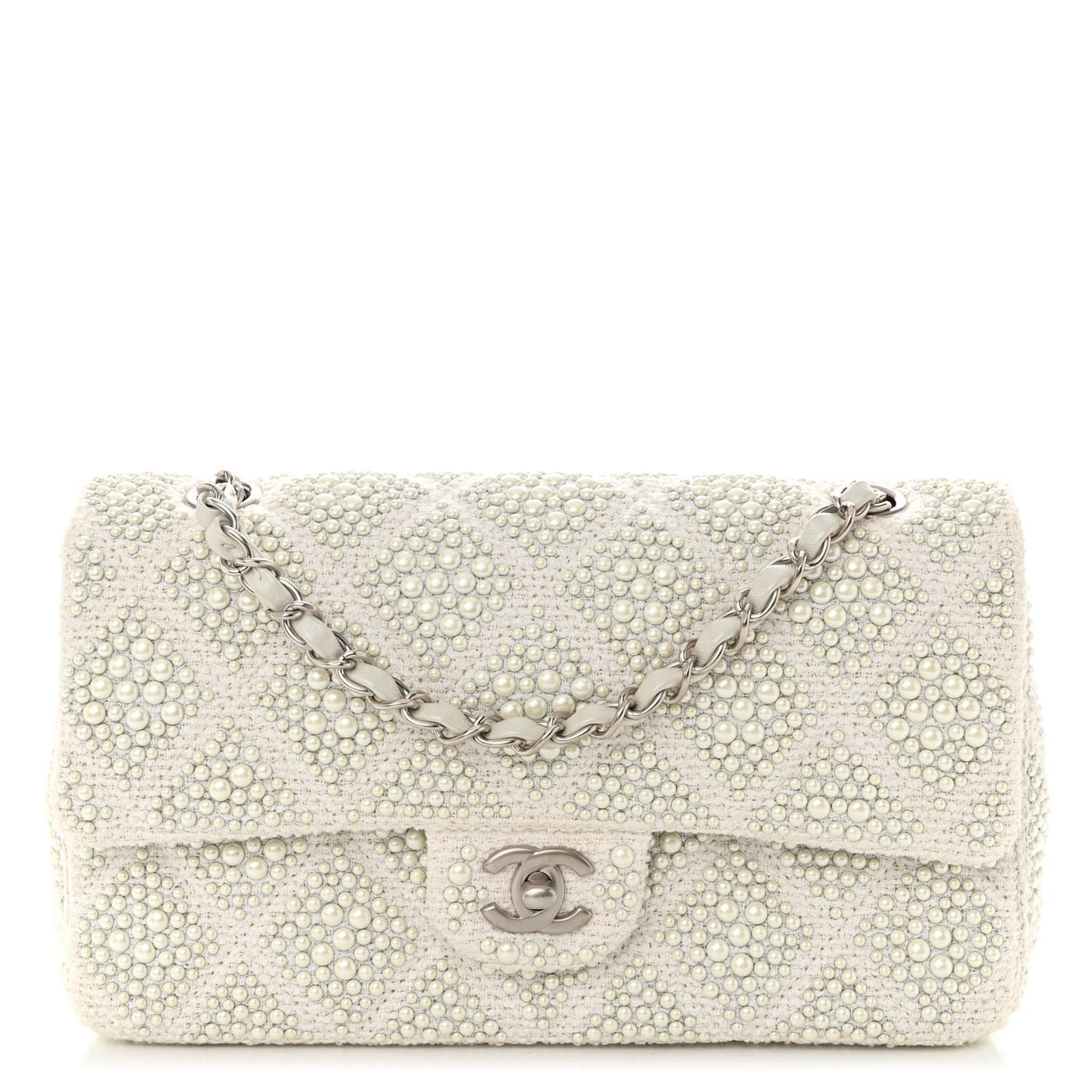 Cotton Quilted Pearl Embellished Small Single Flap White