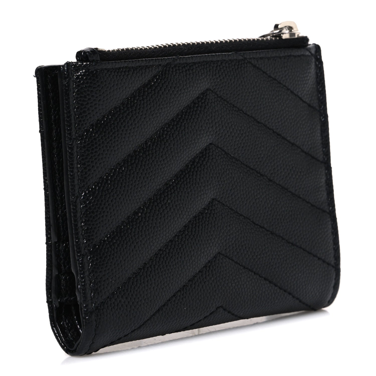 Saint Laurent Grain De Poudre Matelasse Chevron Monogram Zipped Card Case Black 3 of 8