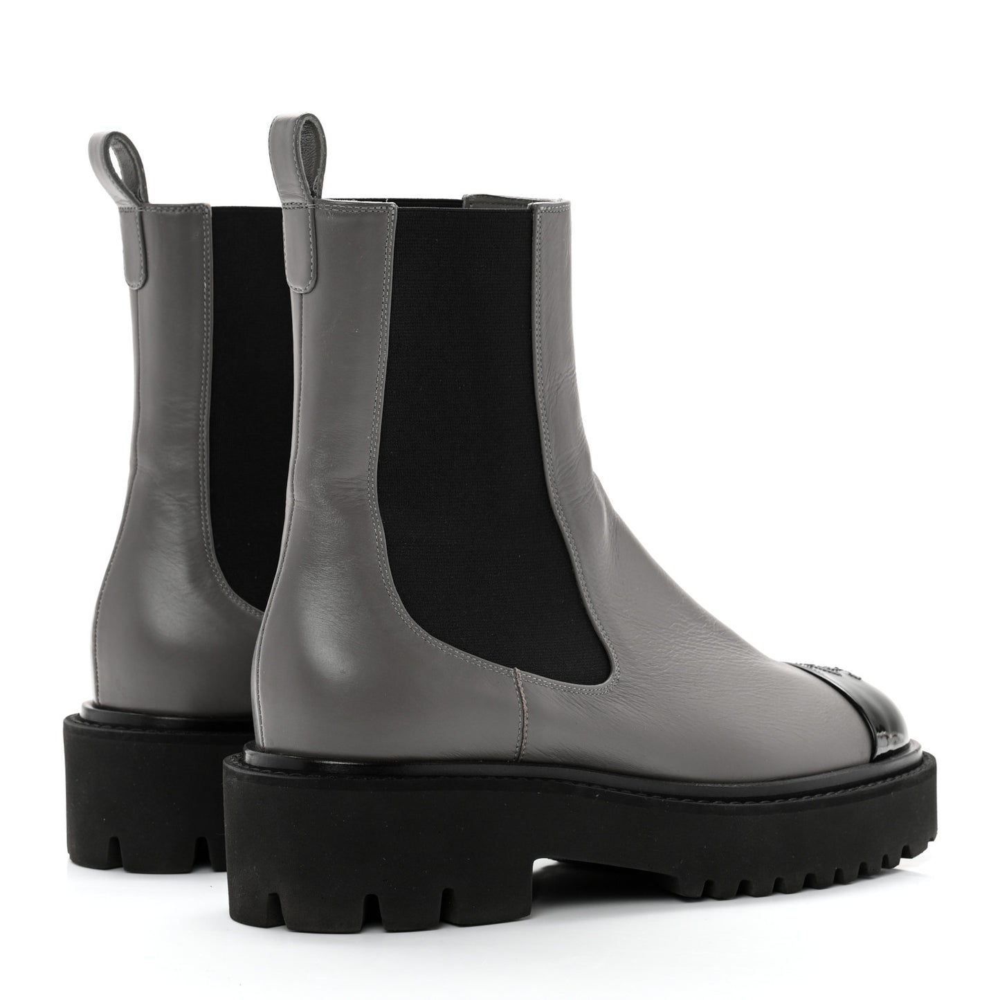 Crumpled Calfskin Patent Cap Toe Short Boots 38.5 Dark grey Black