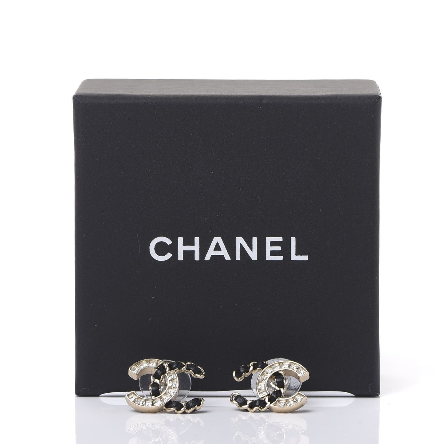 Crystal Baguette Lambskin Chain CC Vintage Allure Stud Earrings Black Gold
