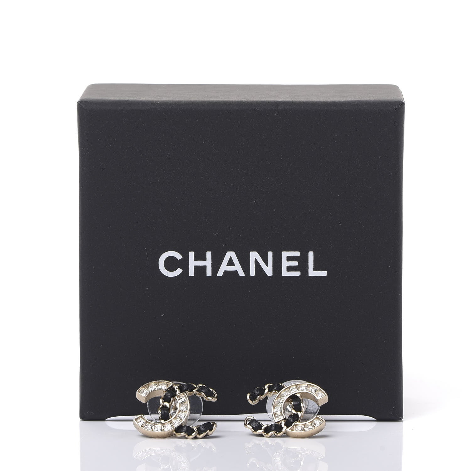 Chanel Crystal Baguette Lambskin Chain CC Vintage Allure Stud Earrings Black Gold 5 of 5