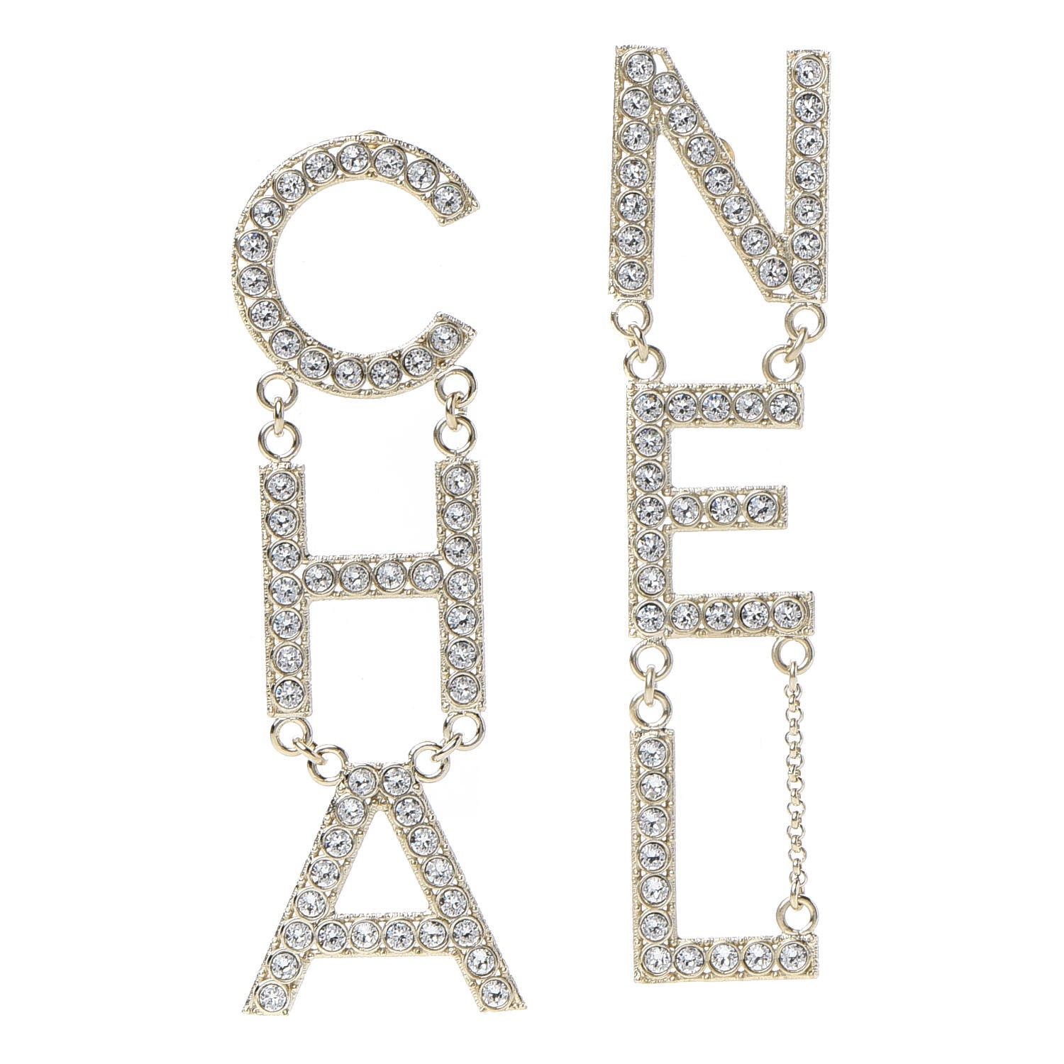 Chanel Crystal Cha-Nel Logo Drop Earrings Gold 1 of 5