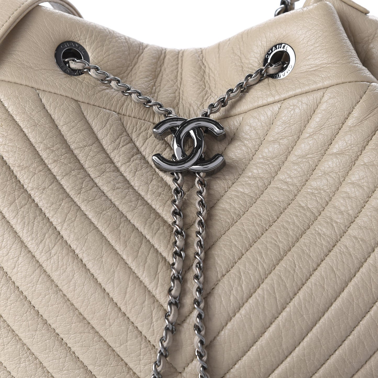 Deerskin Chevron Large CC Chain Bucket Drawstring Bag Beige