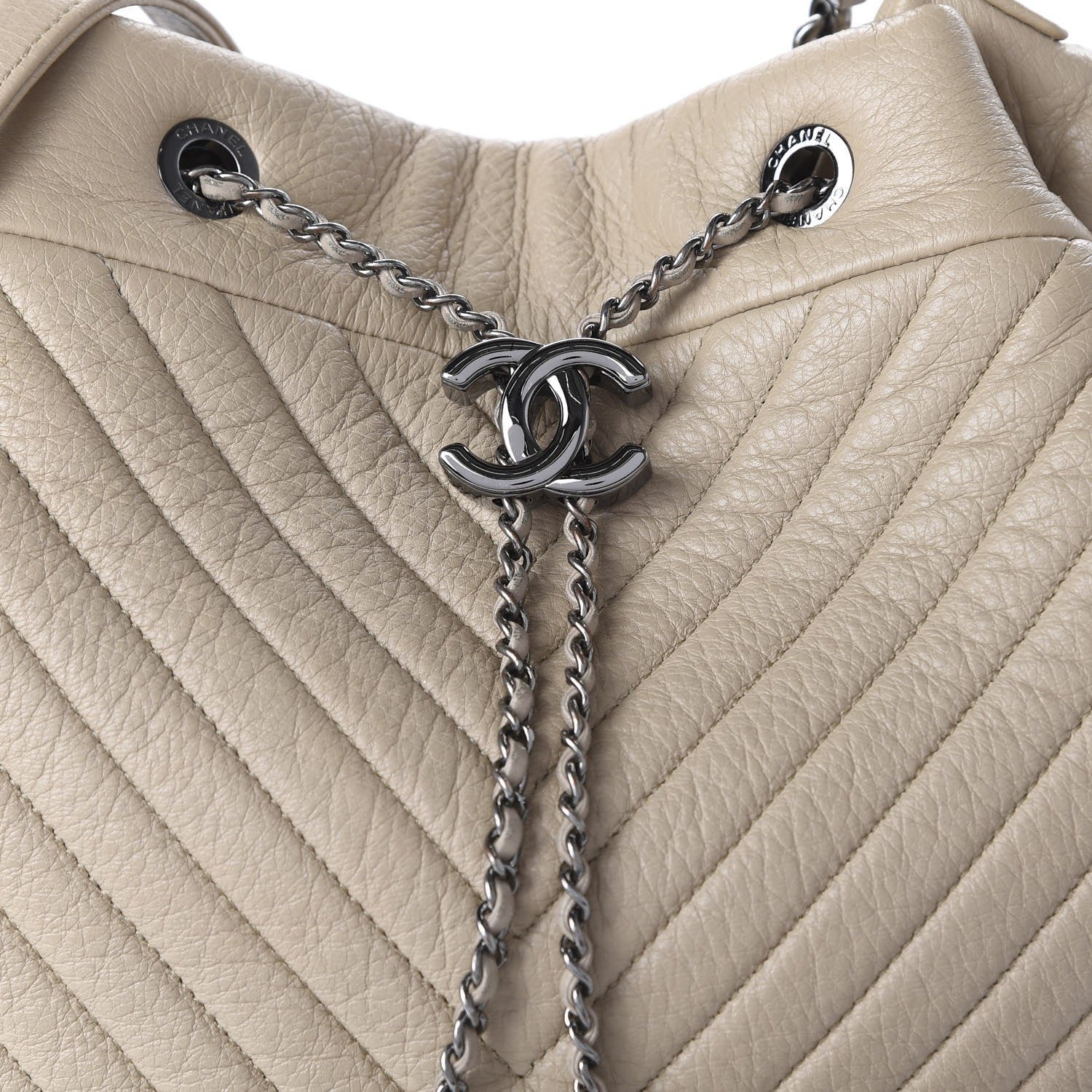 Chanel Deerskin Chevron Large CC Chain Bucket Drawstring Bag Beige 10 of 11