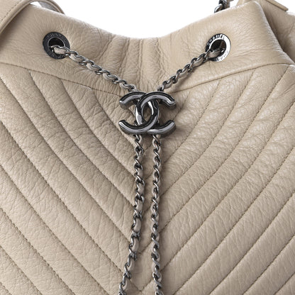 Chanel Deerskin Chevron Large CC Chain Bucket Drawstring Bag Beige 10 of 11