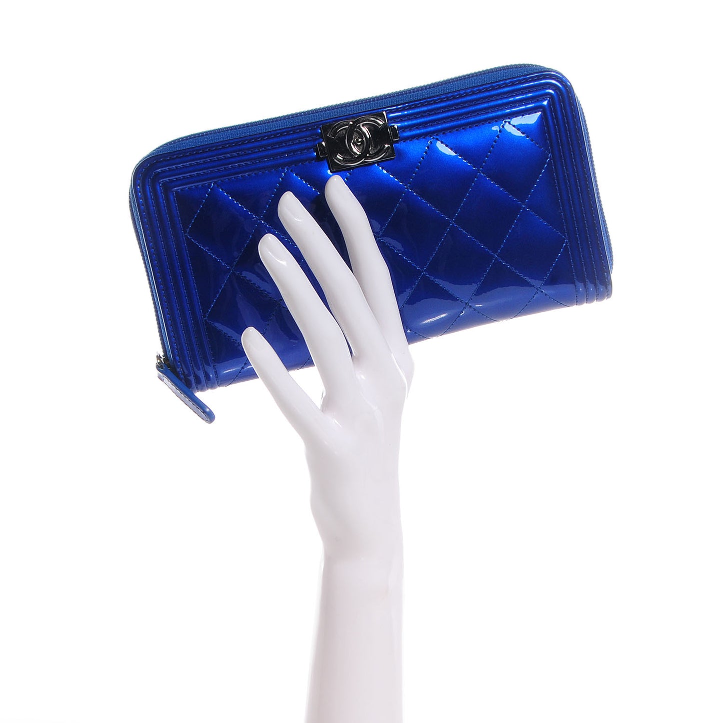 Metallic Patent Quilted Boy L-Gusset Zip Wallet Blue