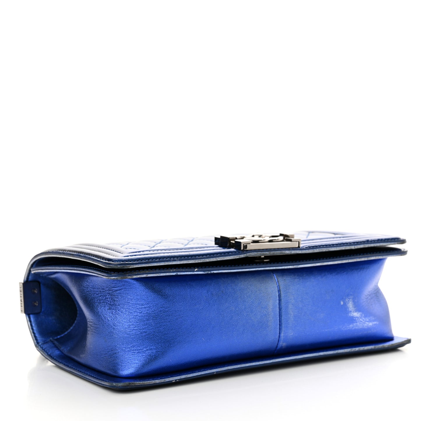 Metallic Patent Quilted Medium Boy Flap Blue