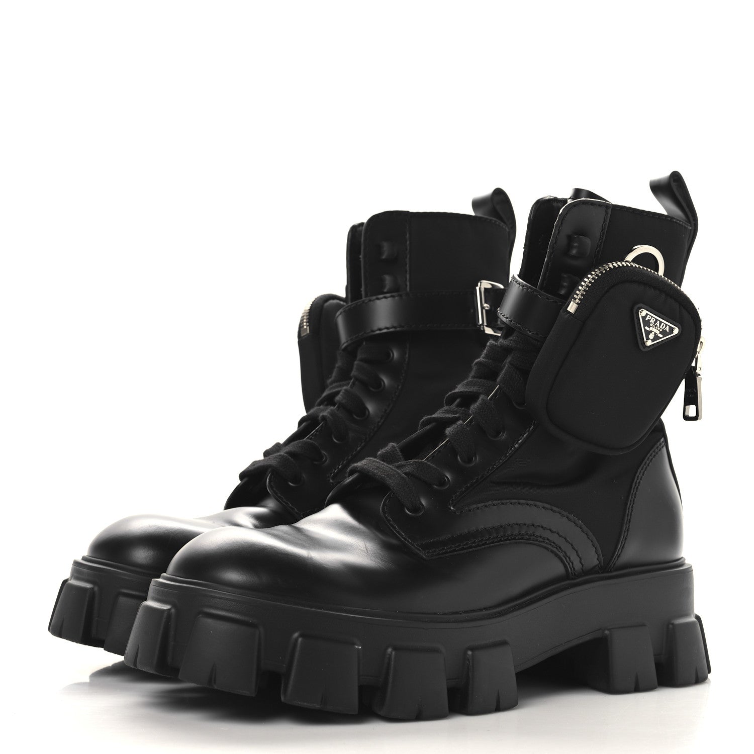 Prada Spazzolato Rois Re-Nylon Metal Triangle Logo Monolith Pouch Pocket 55mm Boots 38 Black 4 of 11