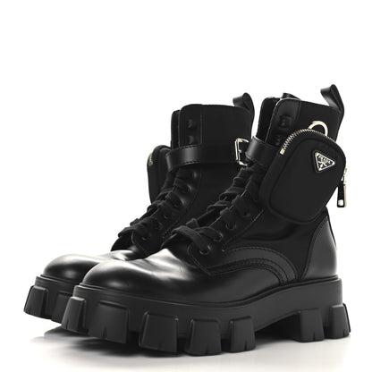 Prada Spazzolato Rois Re-Nylon Metal Triangle Logo Monolith Pouch Pocket 55mm Boots 38 Black 4 of 11
