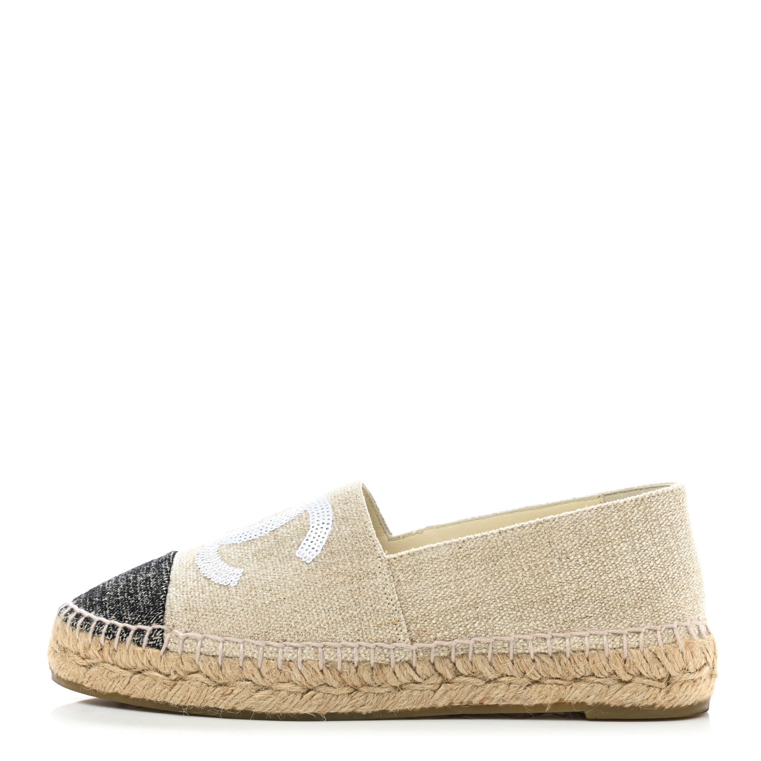 Chanel Toile Sequin CC Espadrilles 37 Beige Black 1 of 9