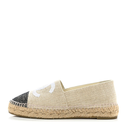 Chanel Toile Sequin CC Espadrilles 37 Beige Black 1 of 9