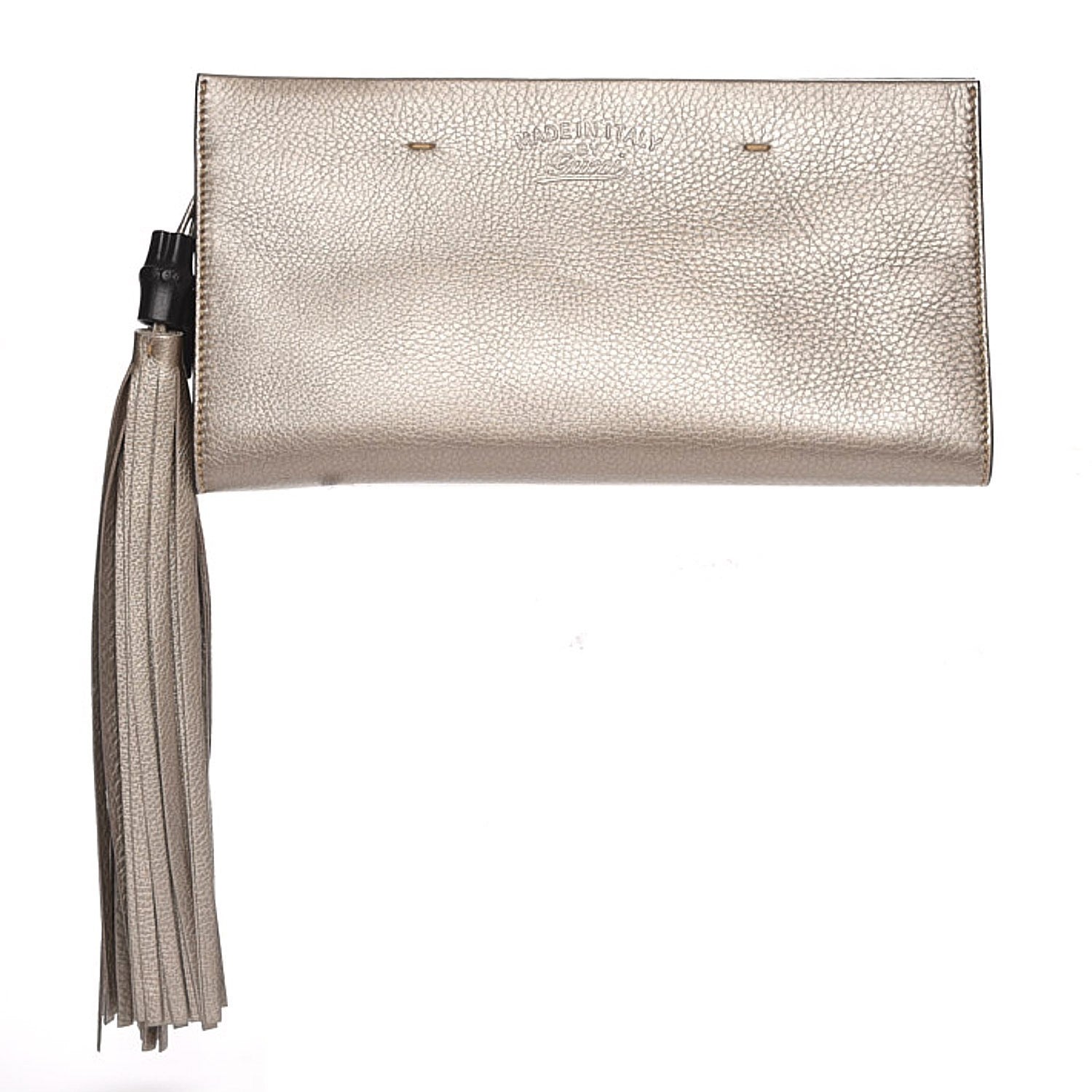 Gucci Metallic Pebbled Calfskin Broadway Bamboo Tassel Clutch New Golden Beige 1 of 7