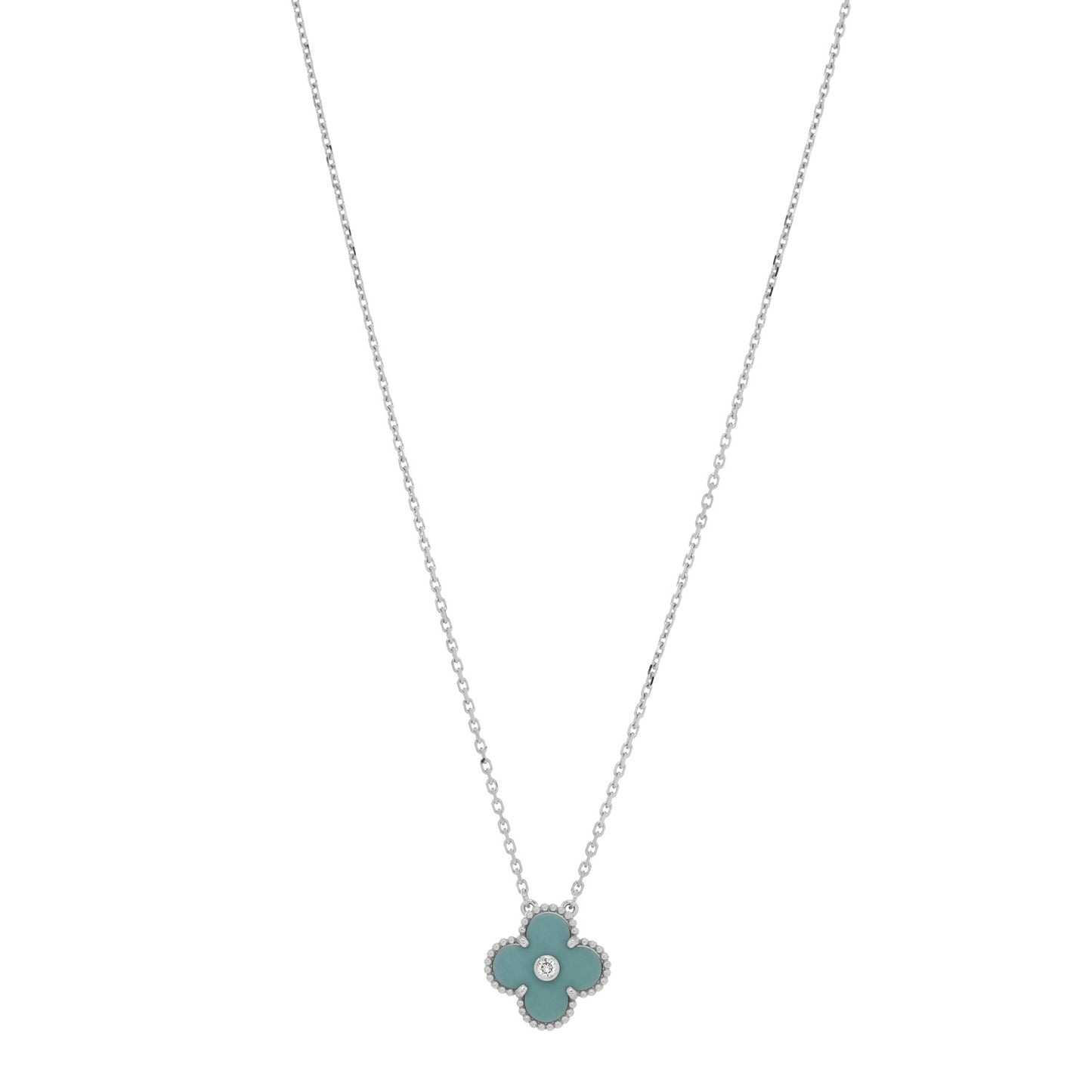 18K White Gold Diamond Celadon Green Sevres Porcelain Vintage Alhambra Pendant Necklace