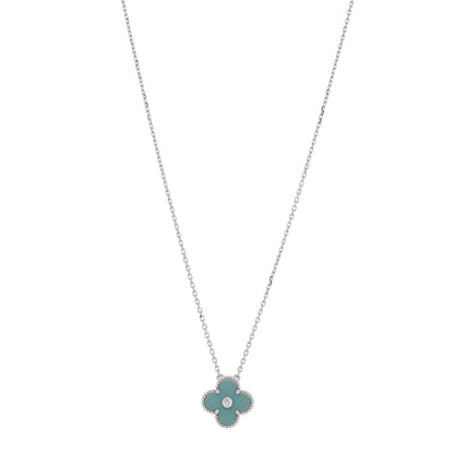 Van Cleef & Arpels 18K White Gold Diamond Celadon Green Sevres Porcelain Vintage Alhambra Pendant Necklace 1 of 5