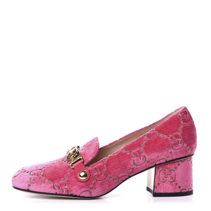 Gucci Velvet GG Monogram Sylvie Web Chain Mid Heel Loafers 39.5 Bright Pink 1 of 9
