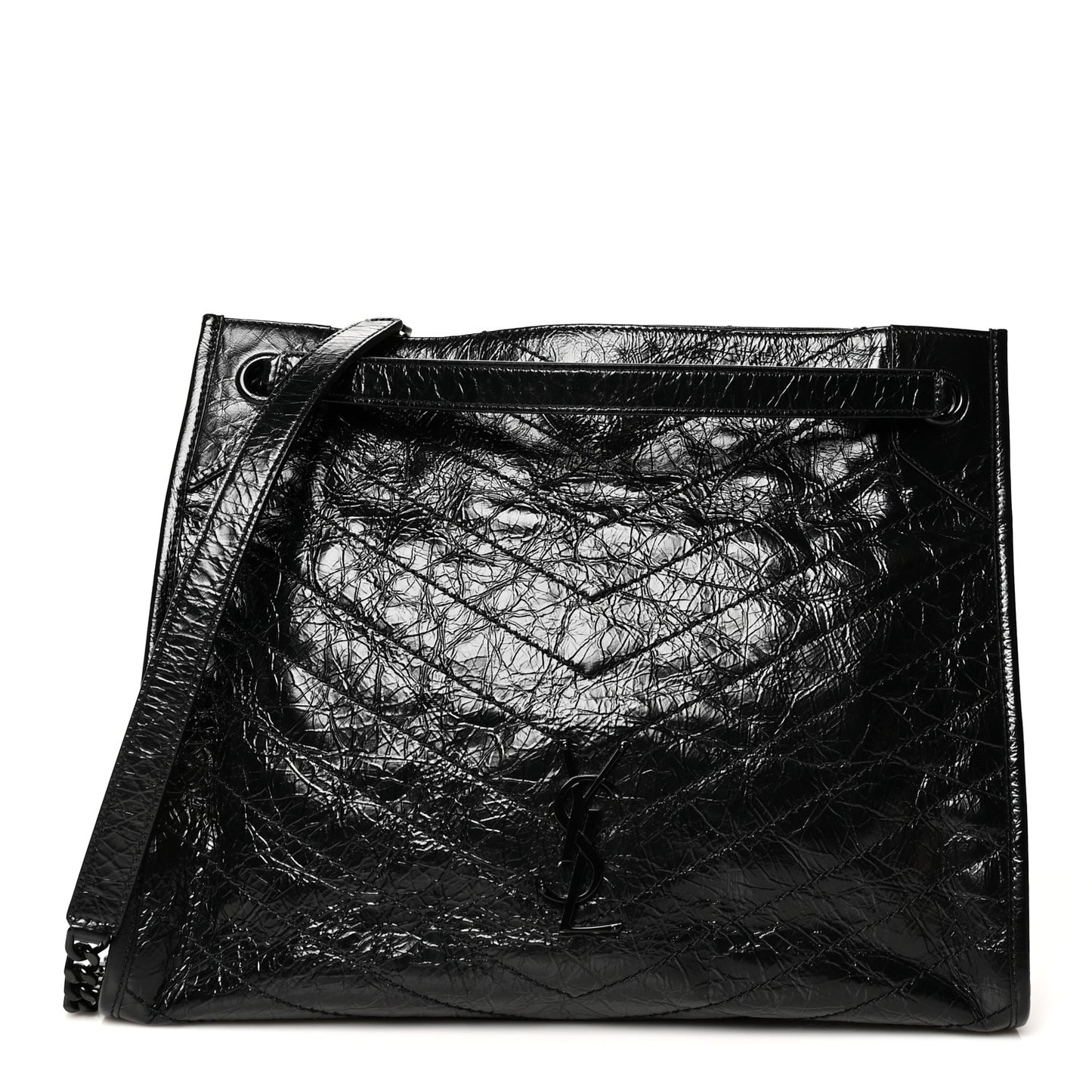Crinkled Calfskin Matelasse Monogram Medium Niki Shopper Tote Black