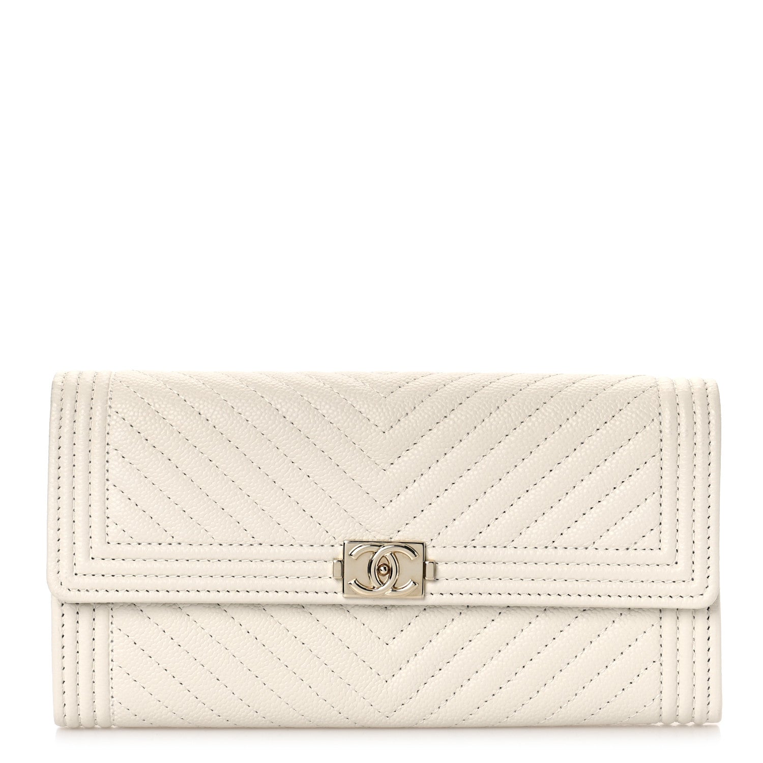 Chanel Caviar Chevron Quilted Boy Flap Wallet White 1 of 10