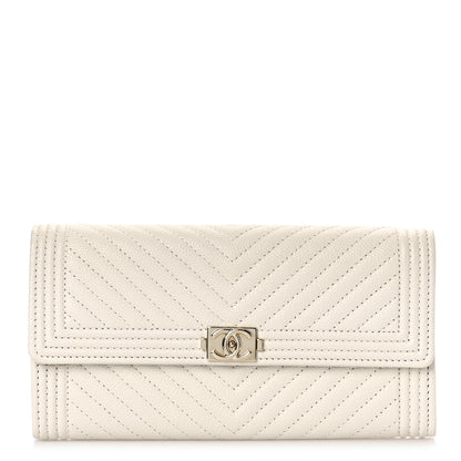 Chanel Caviar Chevron Quilted Boy Flap Wallet White 1 of 10