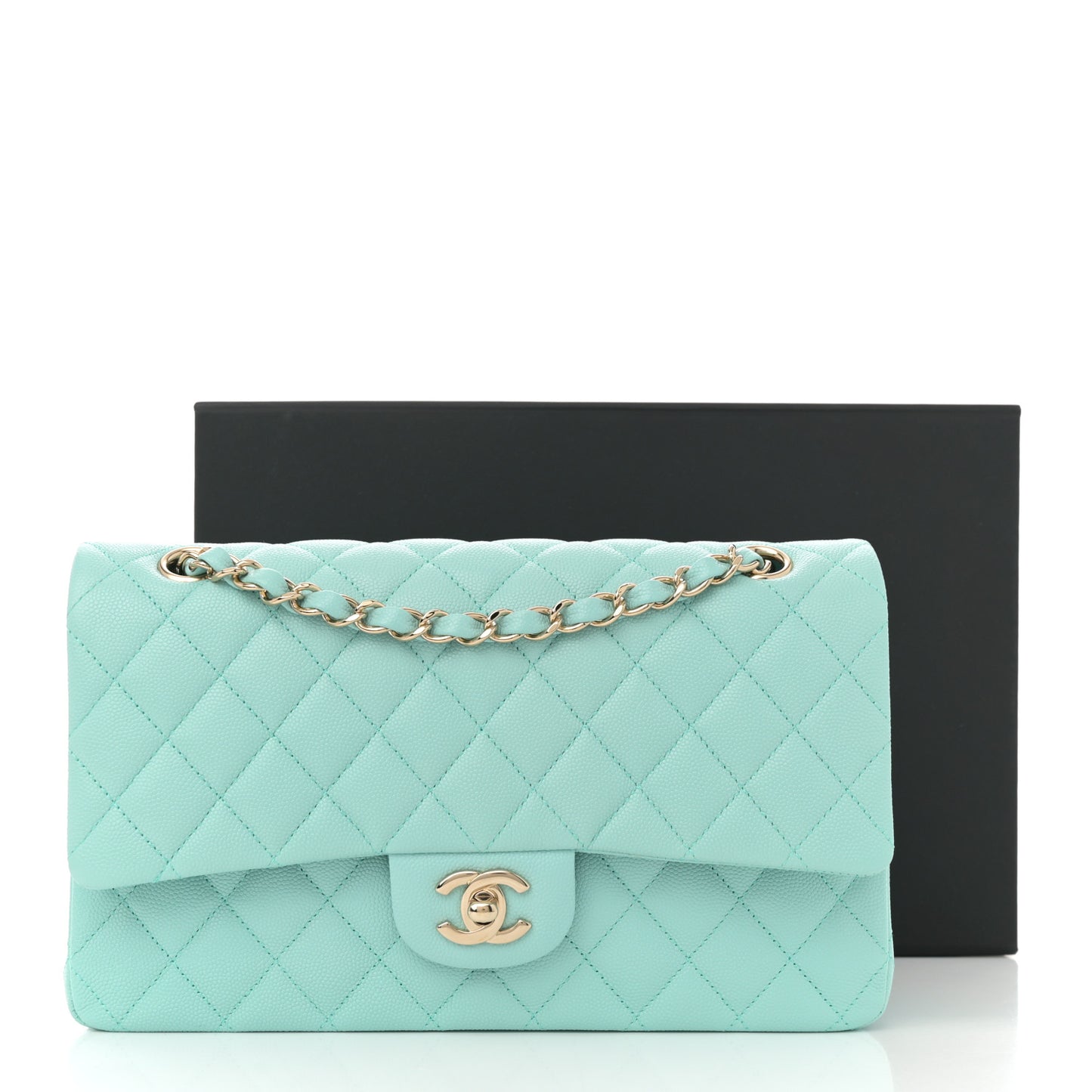 Lambskin Quilted Medium Double Flap Light Blue