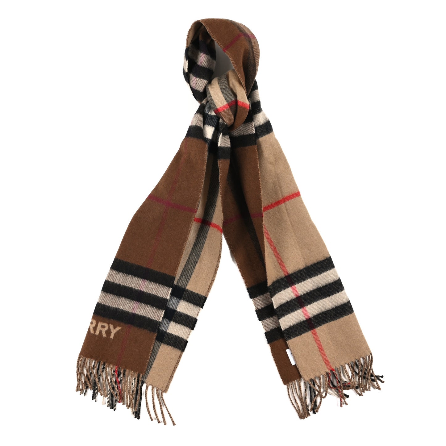 Wool Cashmere Vintage Check Fringe Scarf Dark Birch Brown
