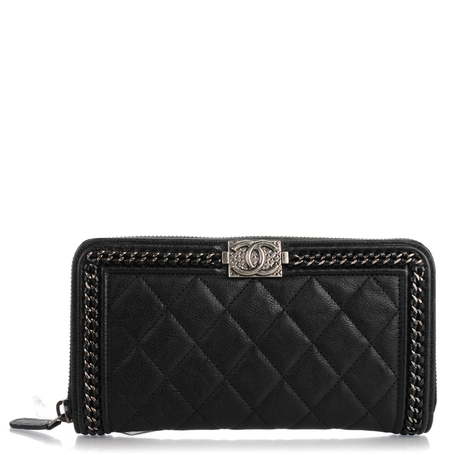 Chanel Grained Calfskin Quilted Boy Chain Large Gusset Zip Around Wallet Black 1 of 8
