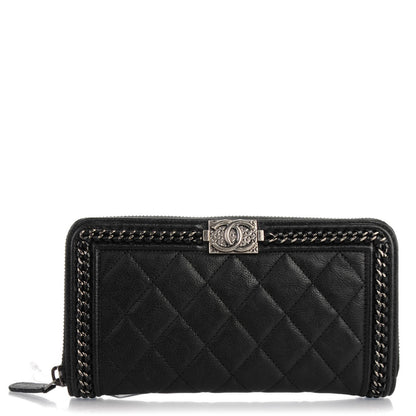 Chanel Grained Calfskin Quilted Boy Chain Large Gusset Zip Around Wallet Black 1 of 8