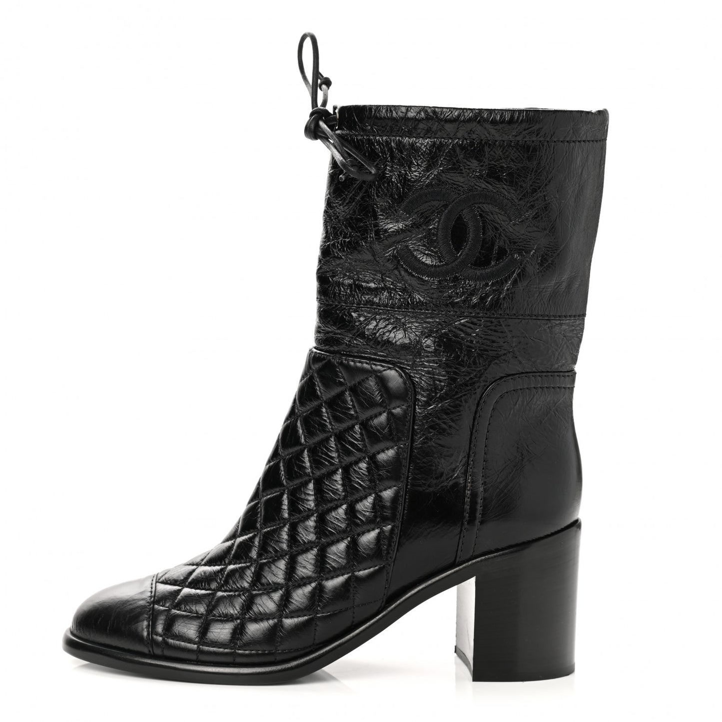 Crumpled Calfskin Quilted Cap Toe Short Boots 37 Black