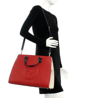 Gucci Dollar Calfskin Large Soho Top Handle Satchel Hibiscus Red Mystic White Blue 2 of 10