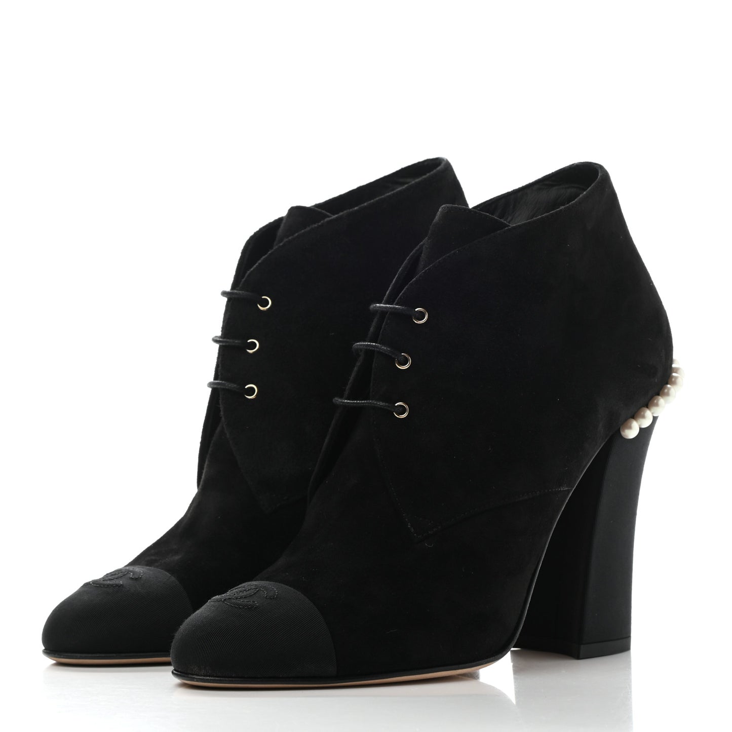 Suede Grosgrain Pearl Lace Up Booties 39.5 Black