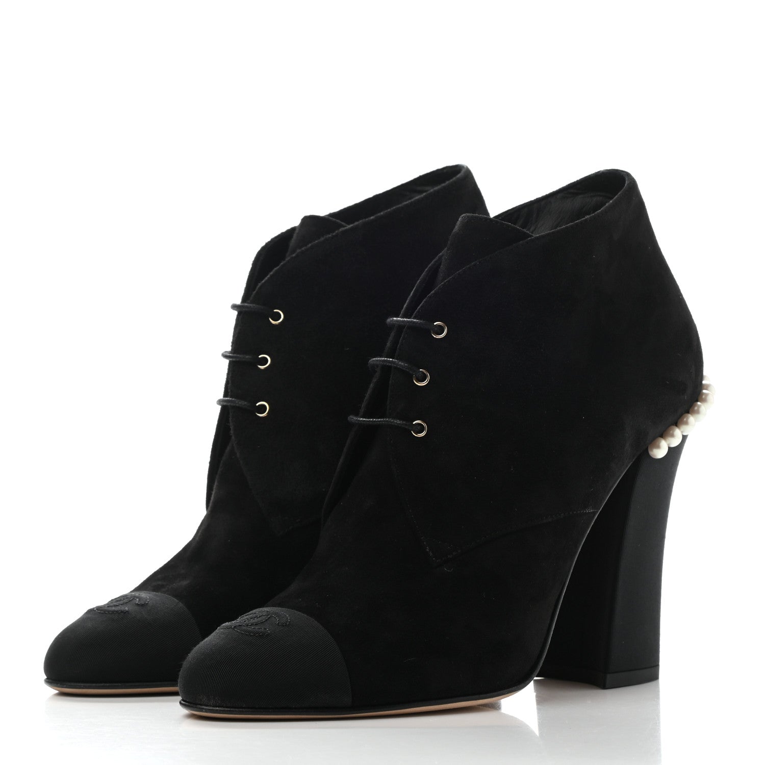 Chanel Suede Grosgrain Pearl Lace Up Booties 39.5 Black 3 of 9