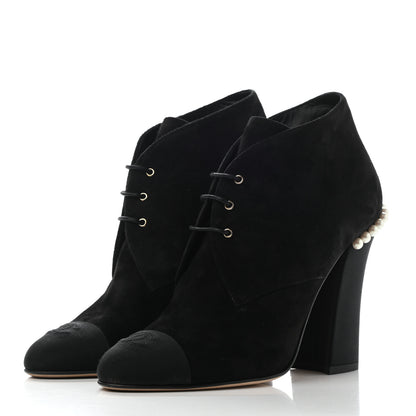 Chanel Suede Grosgrain Pearl Lace Up Booties 39.5 Black 3 of 9