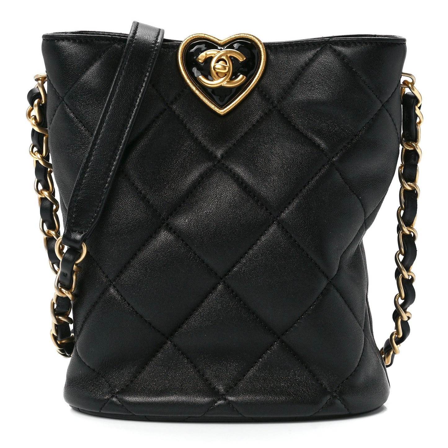 Lambskin Plexiglass Quilted Coco Love Bucket Bag Black