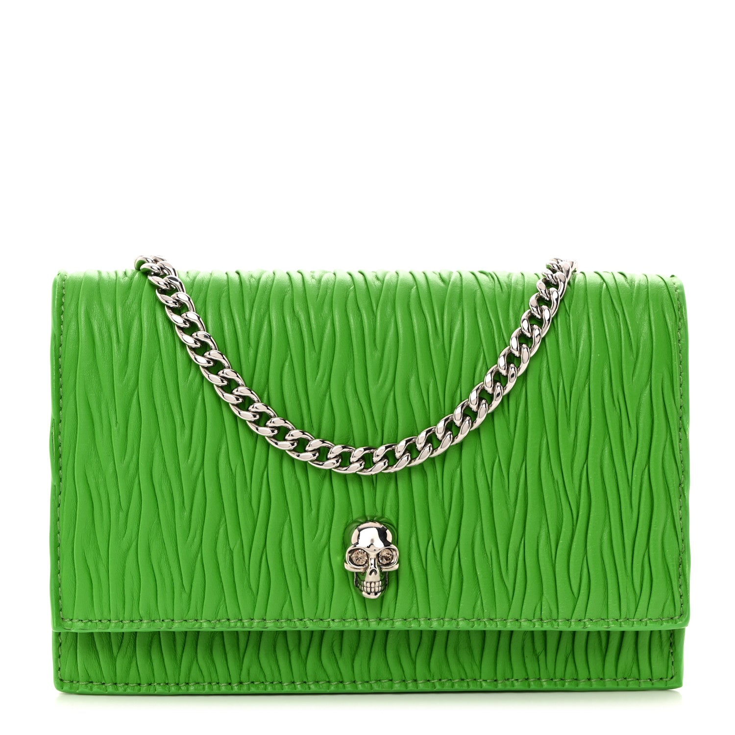 Alexander McQueen Lambskin Pleated Skull Small Chain Crossbody Bag Acid Green 1 of 10