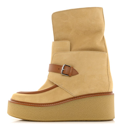 Hermes Suede Shearling Womens Hemisphere Ankle Boots 39 Beige Palomino 1 of 8