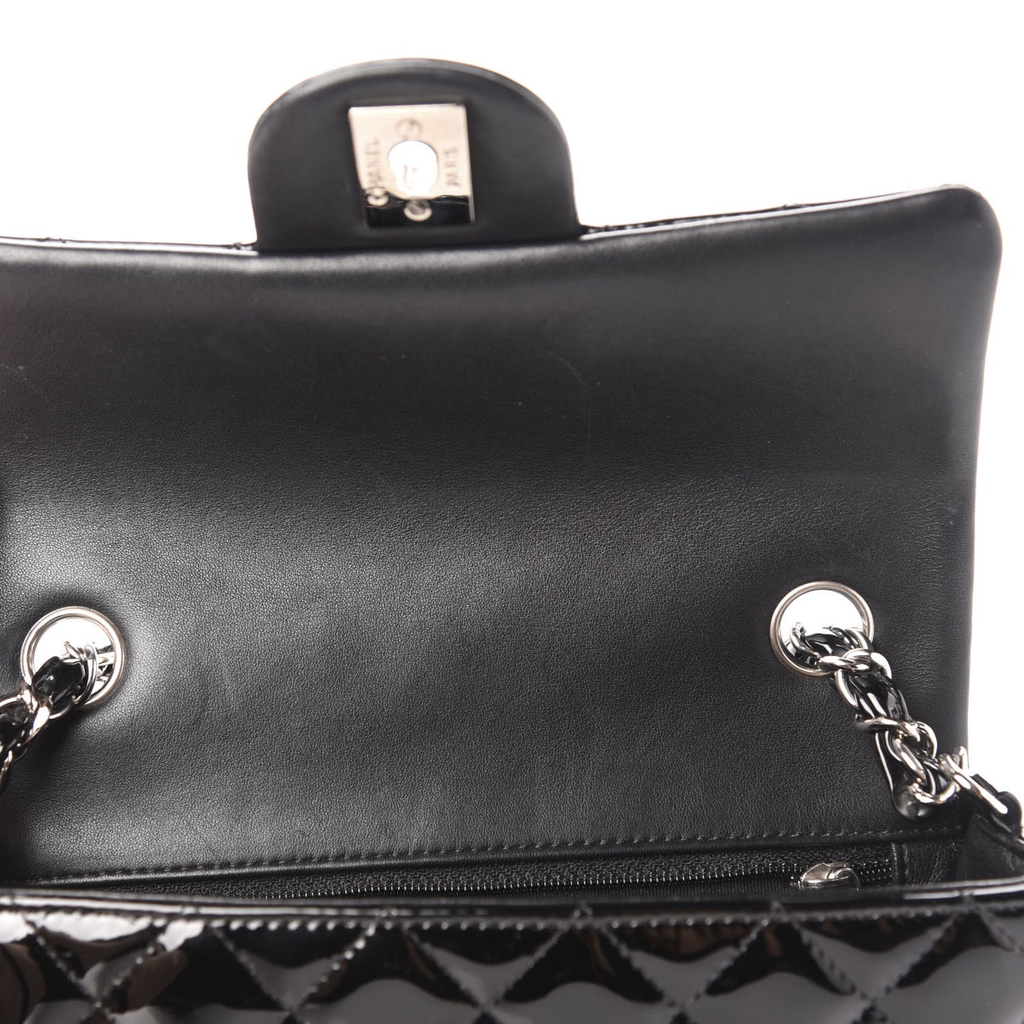 Patent Calfskin Quilted Mini Rectangular Flap Black