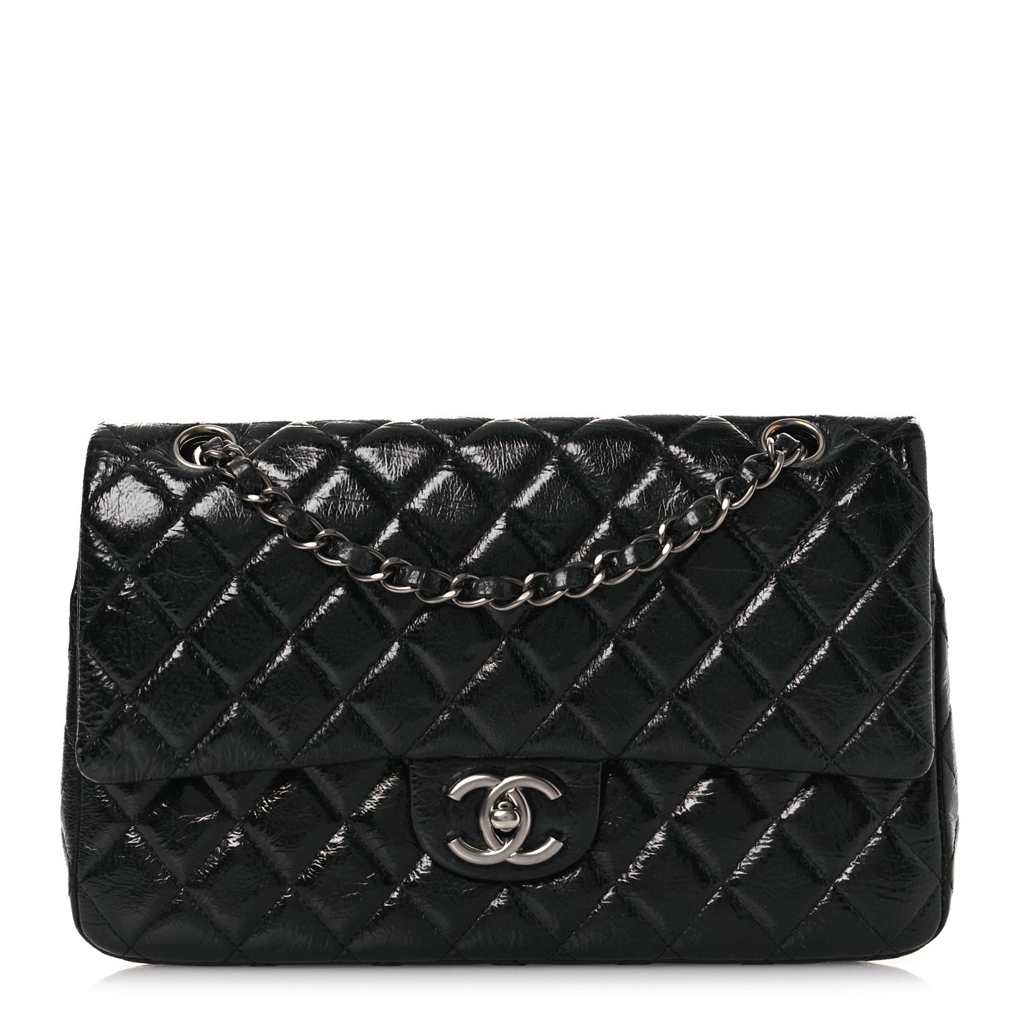 Distressed Patent Quilted Medium Double Flap Black