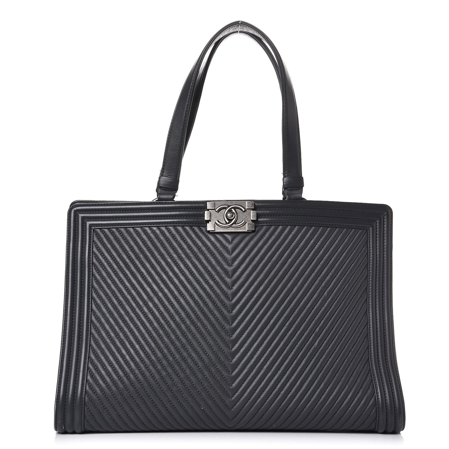 Calfskin Chevron Quilted Boy Shopping Tote Grey