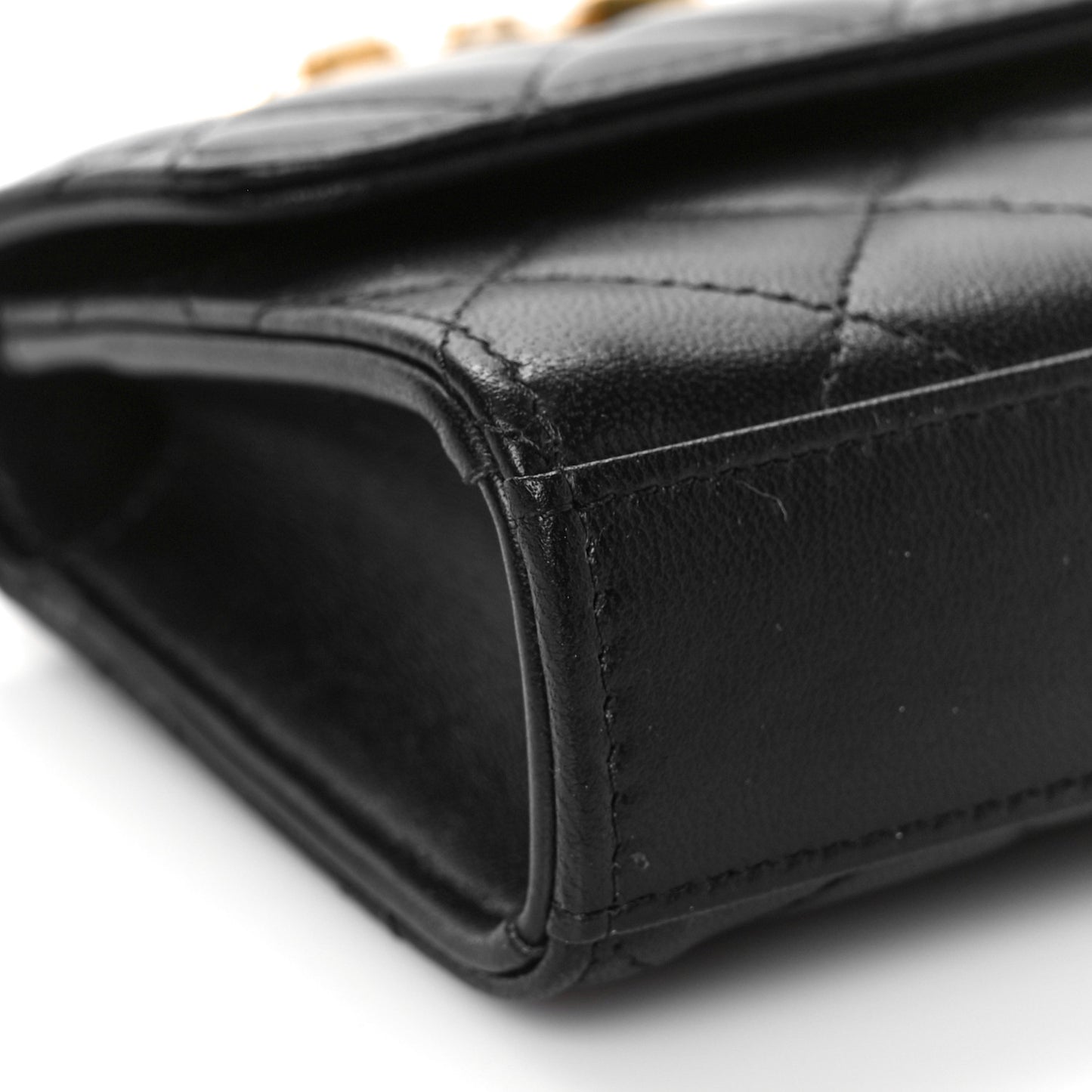 Lambskin Enamel Quilted Top Handle Flap Phone Holder With Chain Black