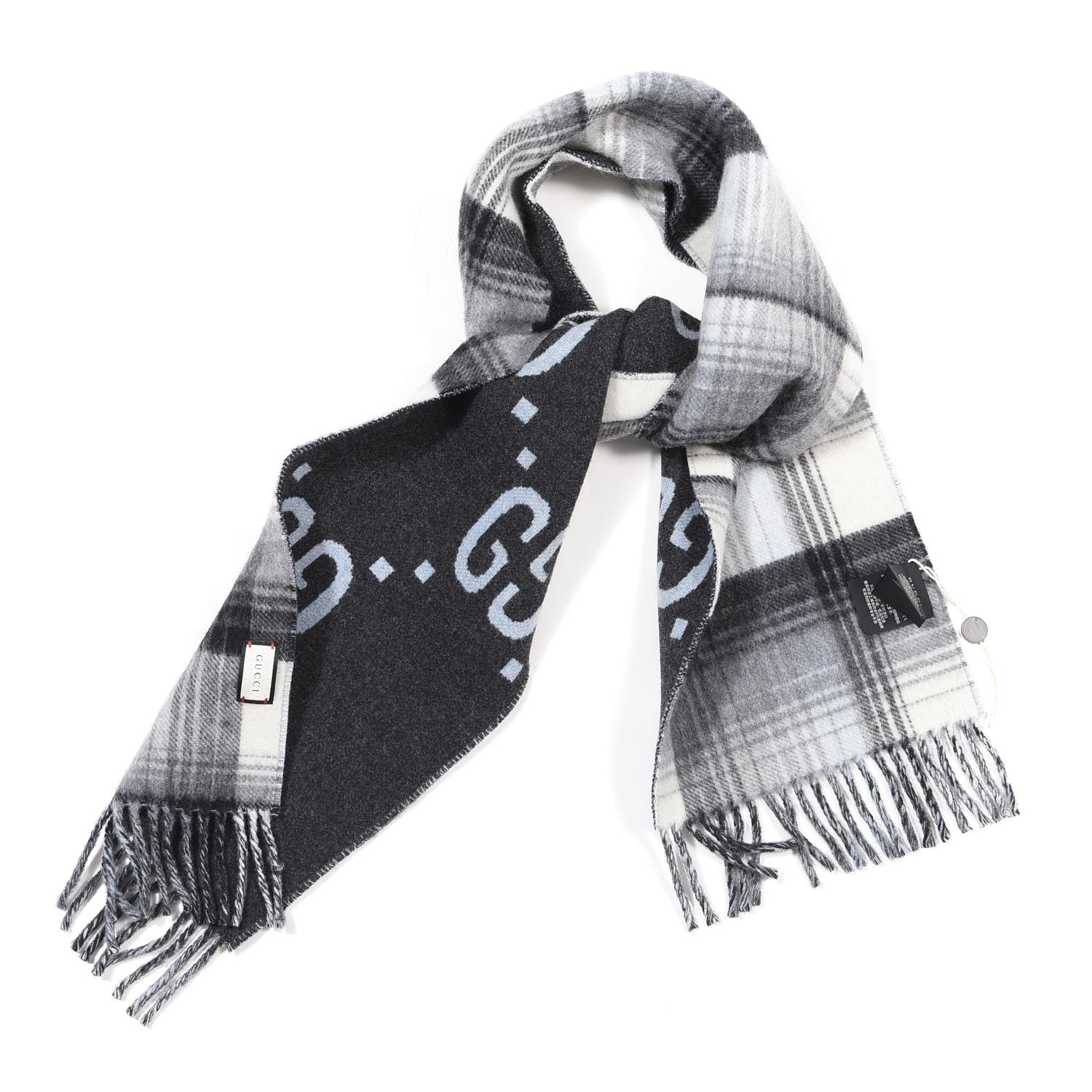 Gucci Wool GG Monogram Plaid Tartan Free Scarf Grey 1 of 4