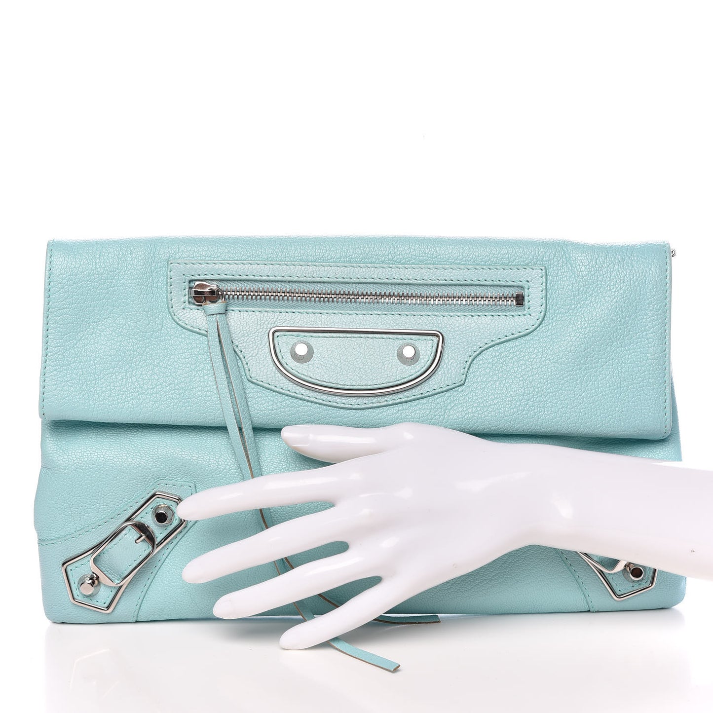Chevre Silver Metallic Edge Hardware Envelope Clutch Bleu Maldives