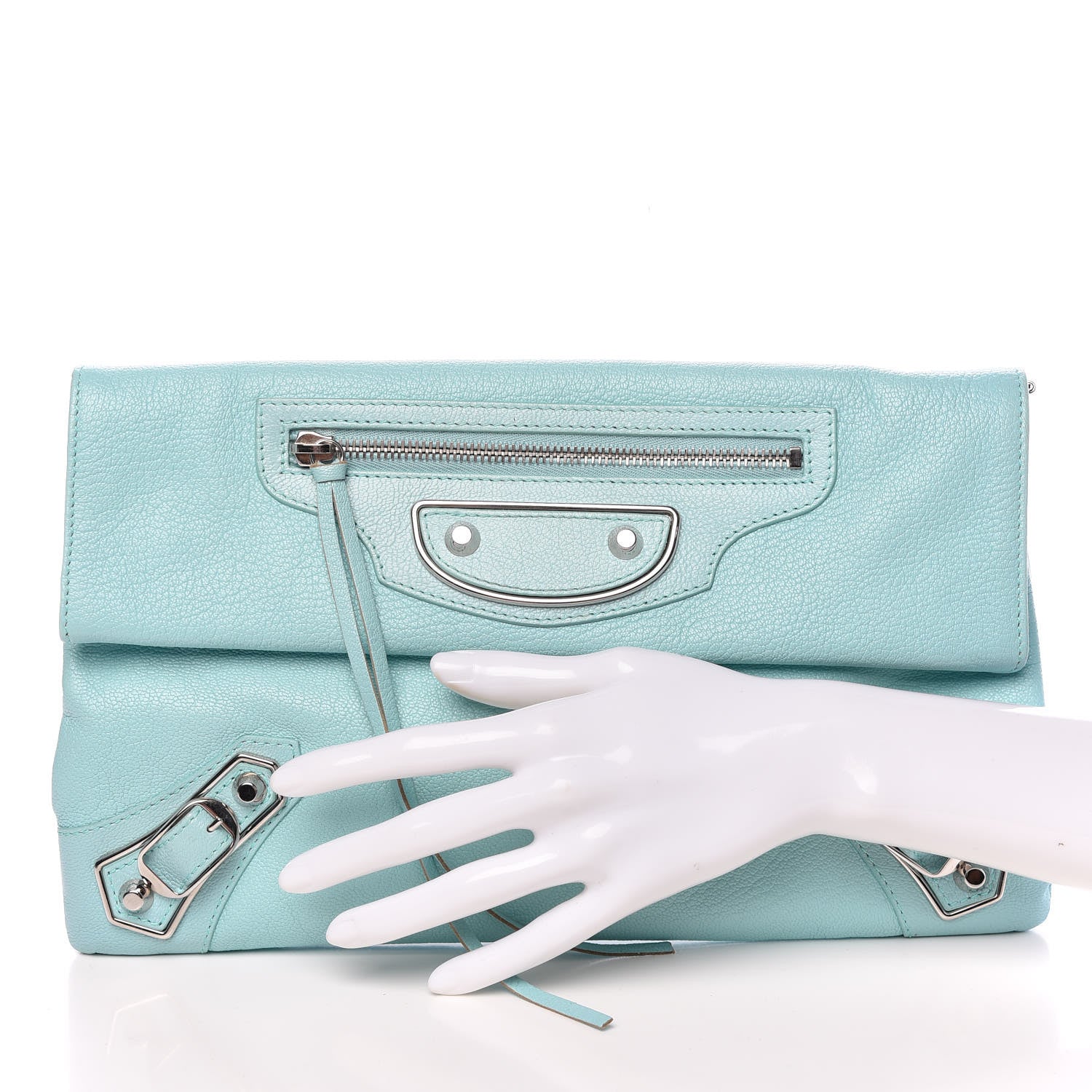 Balenciaga Chevre Silver Metallic Edge Hardware Envelope Clutch Bleu Maldives 2 of 9