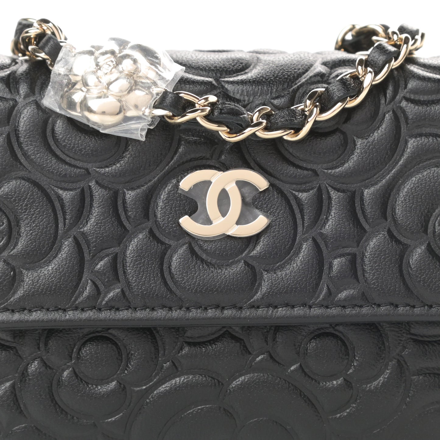 Lambskin Camellia Embossed Chain Belt Bag Black