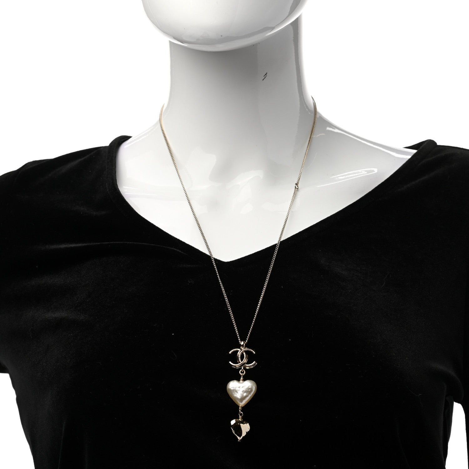 Chanel Pearl CC Double Heart Drop Necklace Pearly White Gold 2 of 5
