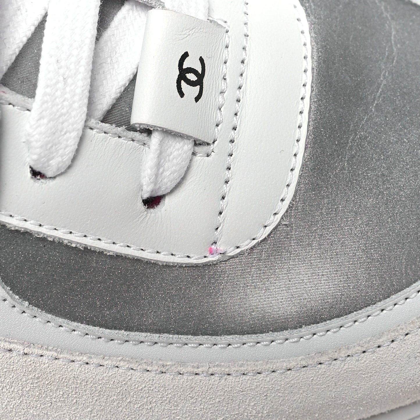 Calfskin Fabric Sneakers 39.5 White Silver Fluo Pink